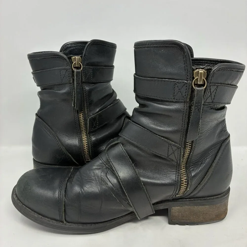 UGG Finney Black Suede 3 Buckle Strap Motorcycle Cap Toe & Zip Mid Calf Boots 8